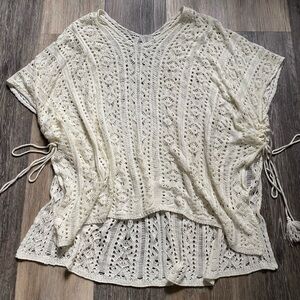 Vintage Y2K Crochet Bows Cream Layering Poncho Top Festival Cottage Boho Granola
